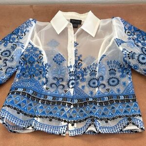 Gracia Blue and White Semi Sheer Embroidered Blouse L